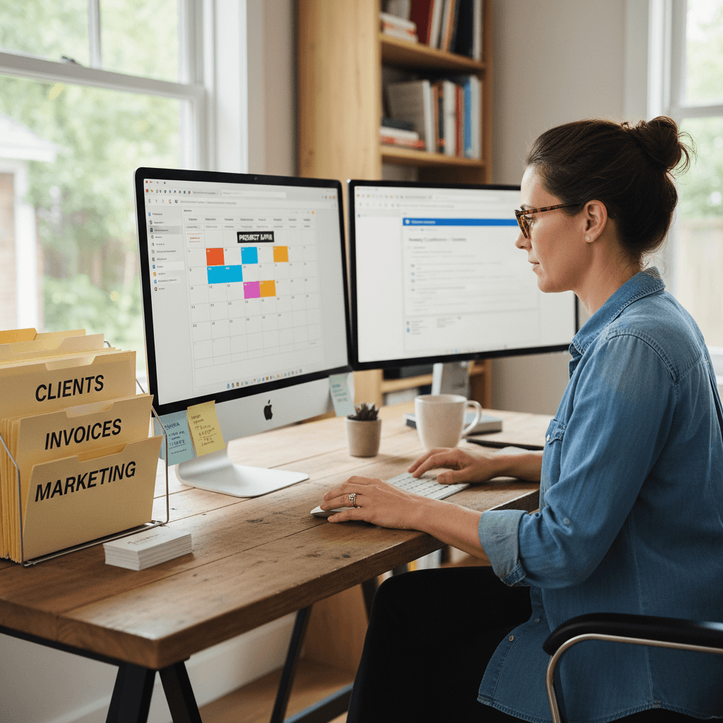 Small business owner managing administrative tasks at desk