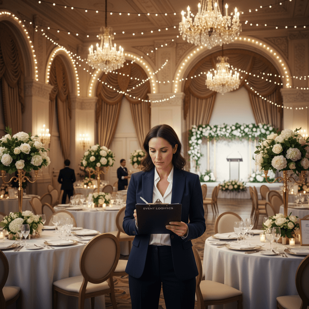 Event planner managing logistics and details at venue