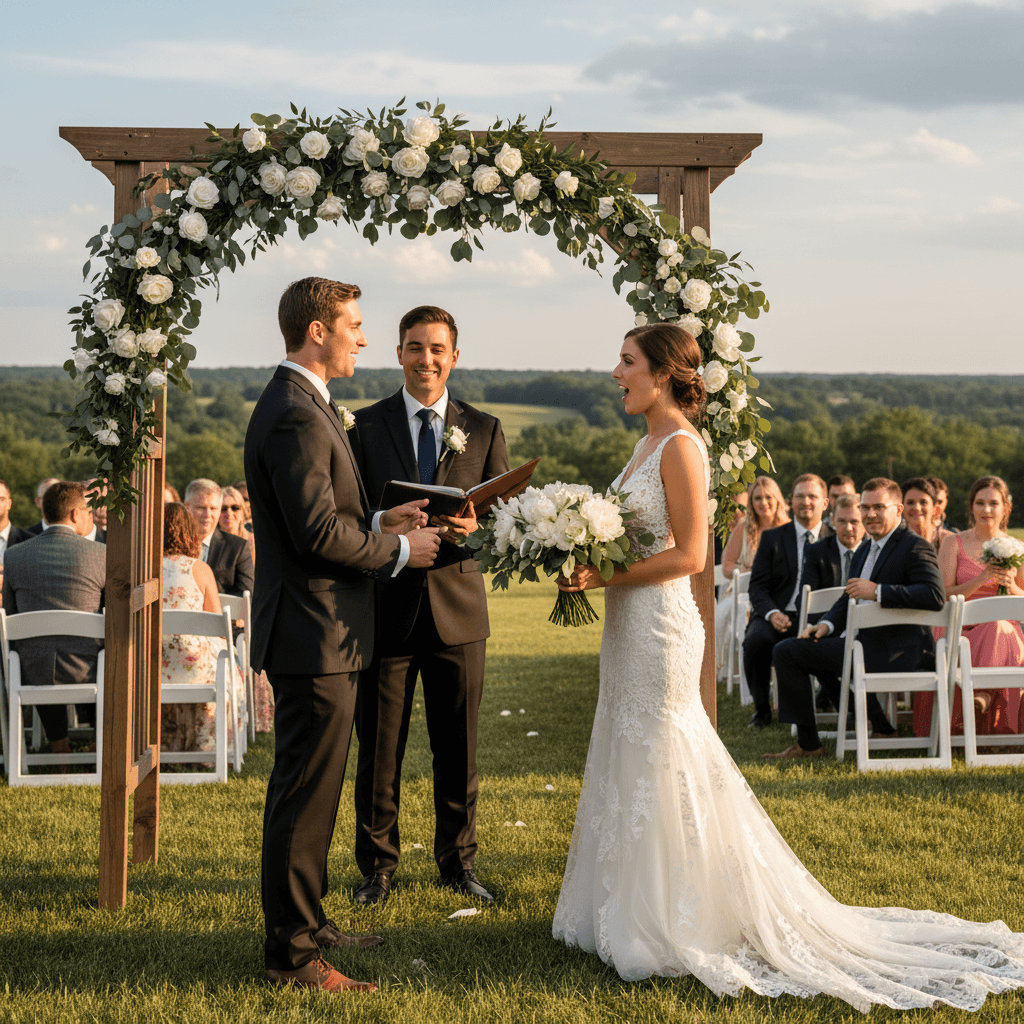 Wedding officiant conducting ceremony for couple