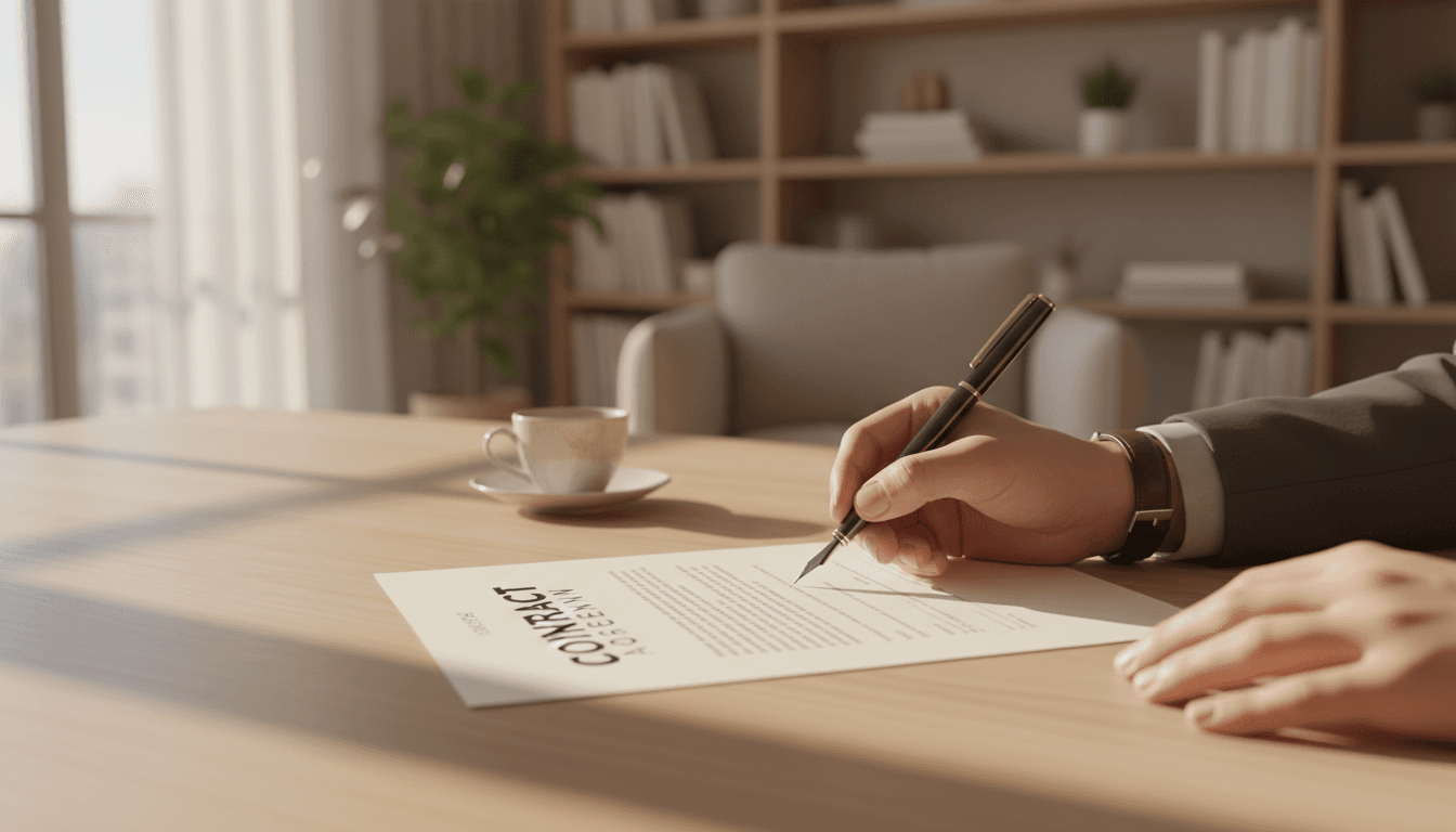 Close-up of a hand signing a document on a wooden desk with natural light
