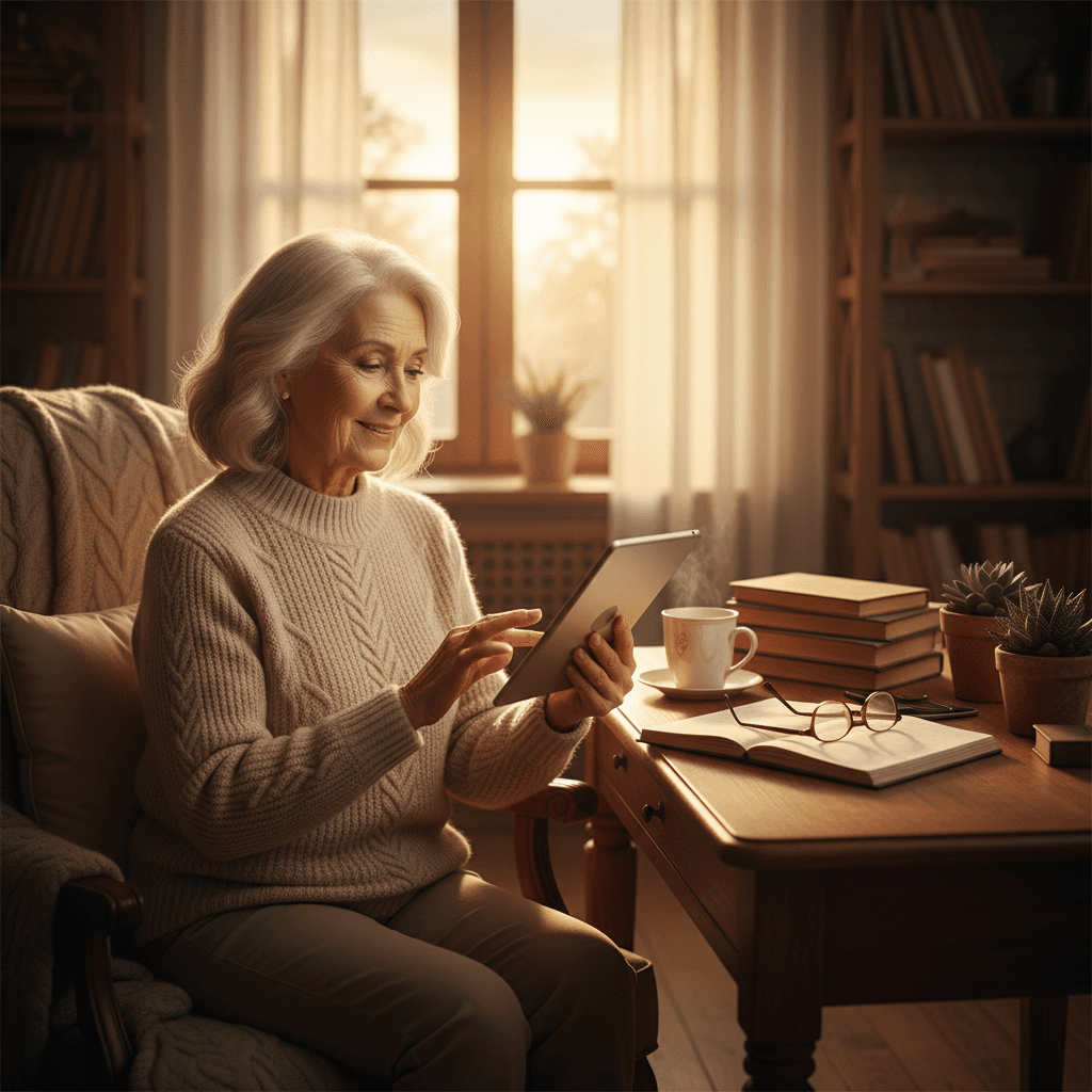 Senior using technology in comfortable home environment