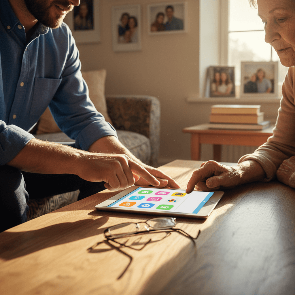 Professional caregiver assisting senior with tablet and digital tasks