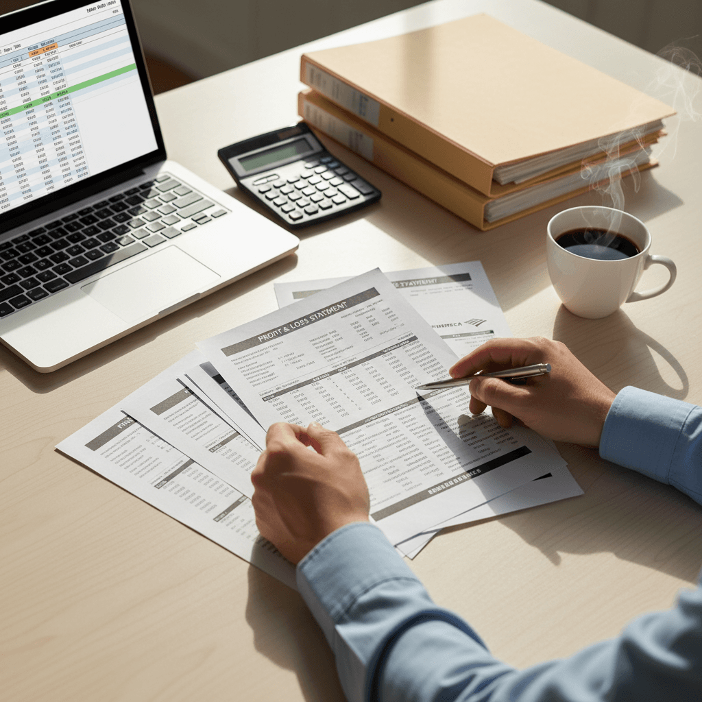 Business owner managing administrative tasks and financial documentation