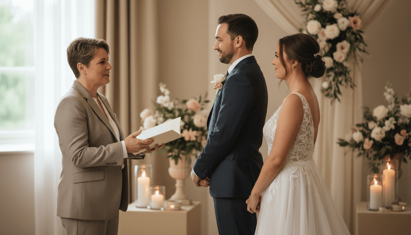 Wedding officiant conducting ceremony between couple at venue