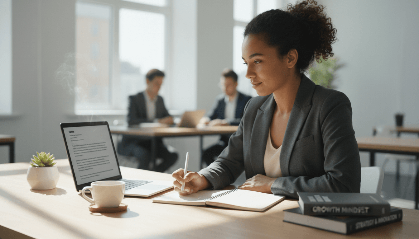 Professional woman reviewing resume on laptop at modern desk in bright, natural office light
