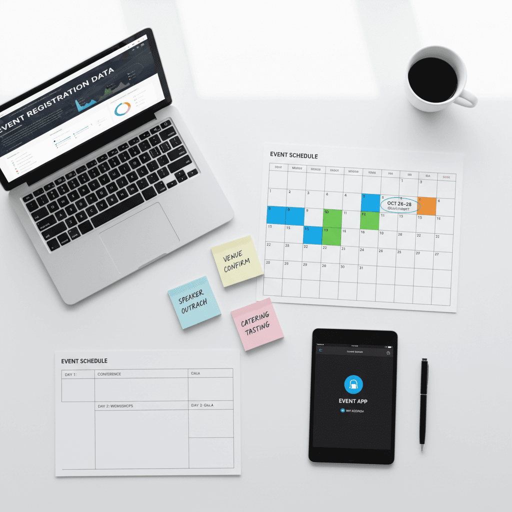 Event planner coordinating logistics and details at office workspace