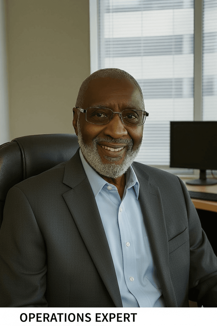 Smiling senior Black man with a grey beard and glasses, wearing a professional grey suit.
