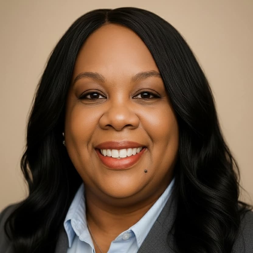Smiling Black woman with long wavy hair wearing a grey blazer over a blue shirt.